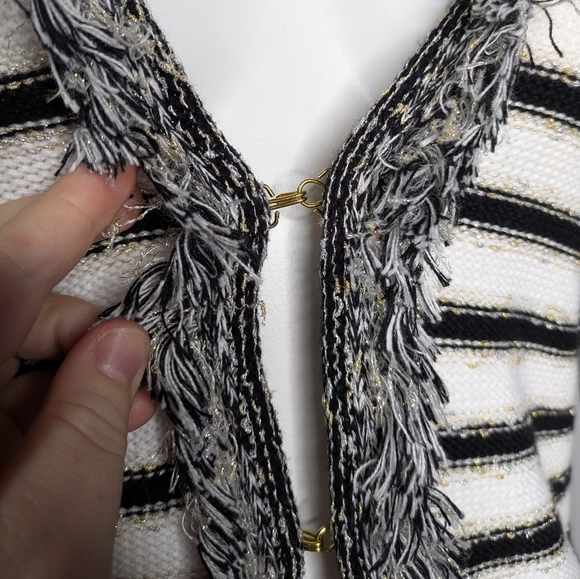 Vintage Cache Black White Striped Gold Long Sleeve Fringe Cardigan Sweater M - Picture 6 of 9
